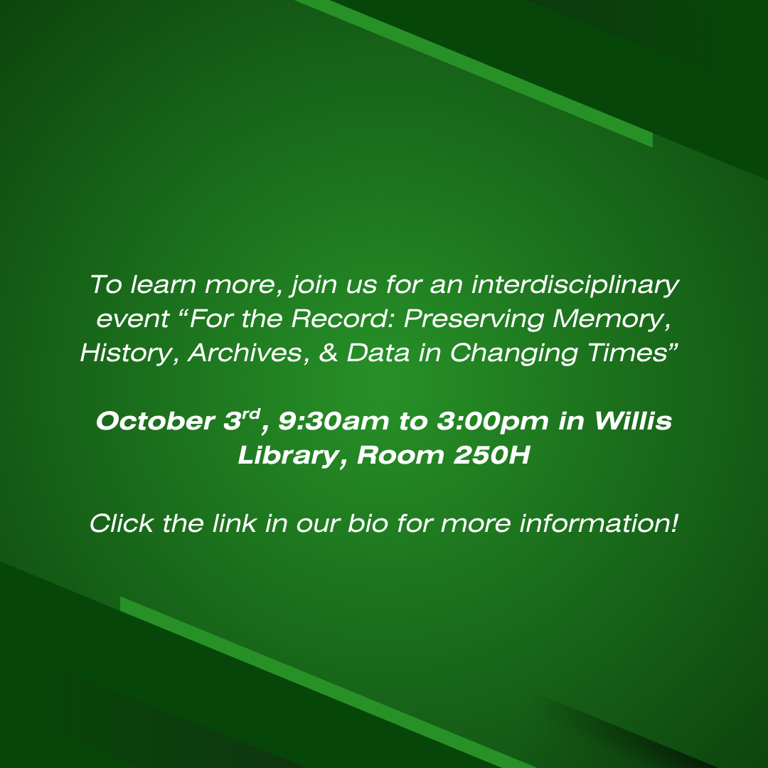 To learn more come to a panel hosted in Willis Library Room 250H on Friday, october 3rd 9:30am to 3:00pm